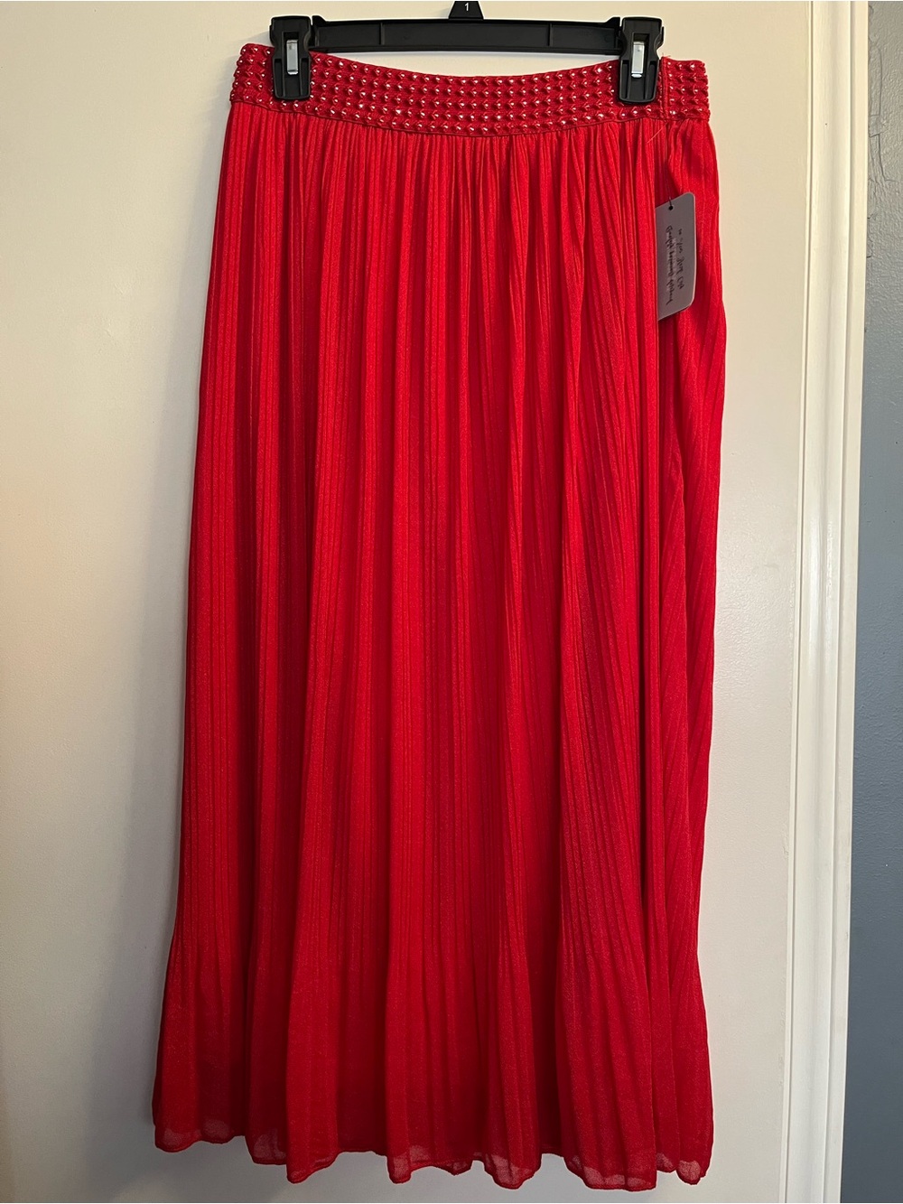Metro Wear Red Pleated Maxi Skirt with Studded Waistband